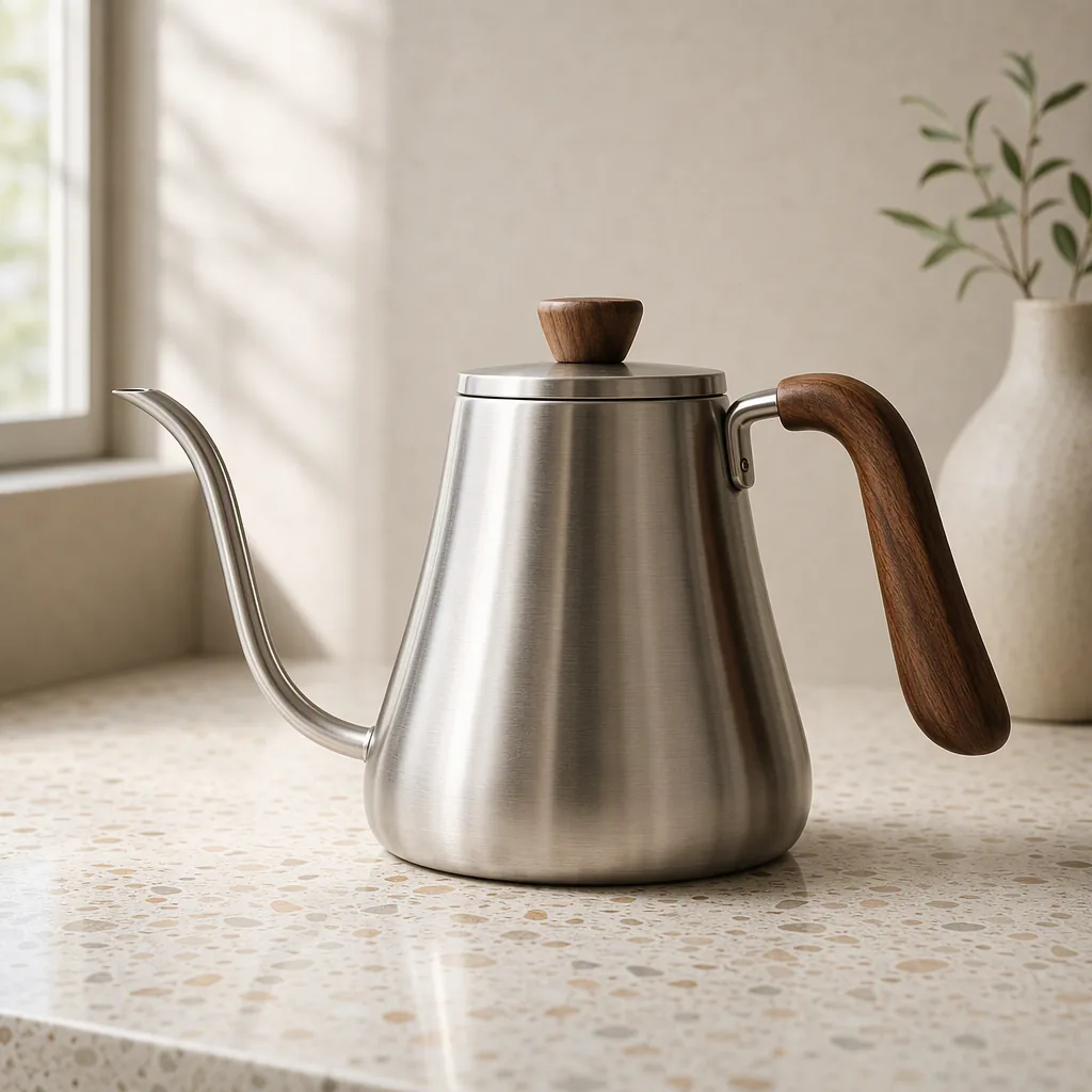 Steel kettle with walnut handle on a terrazzo counter, made with GPT Image 2