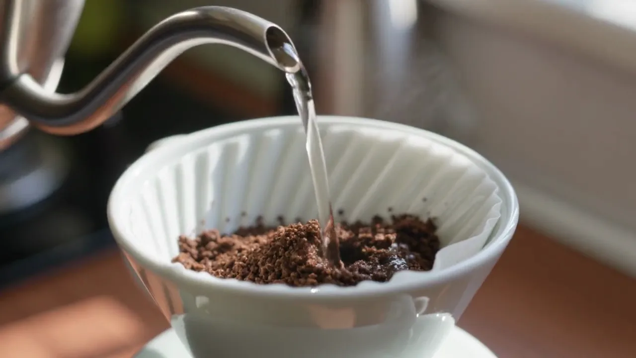Pour-over coffee brewing with rising steam