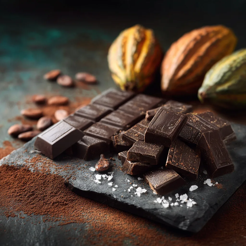 Artisan chocolate bar with cocoa dust, moody light, made with Midjourney