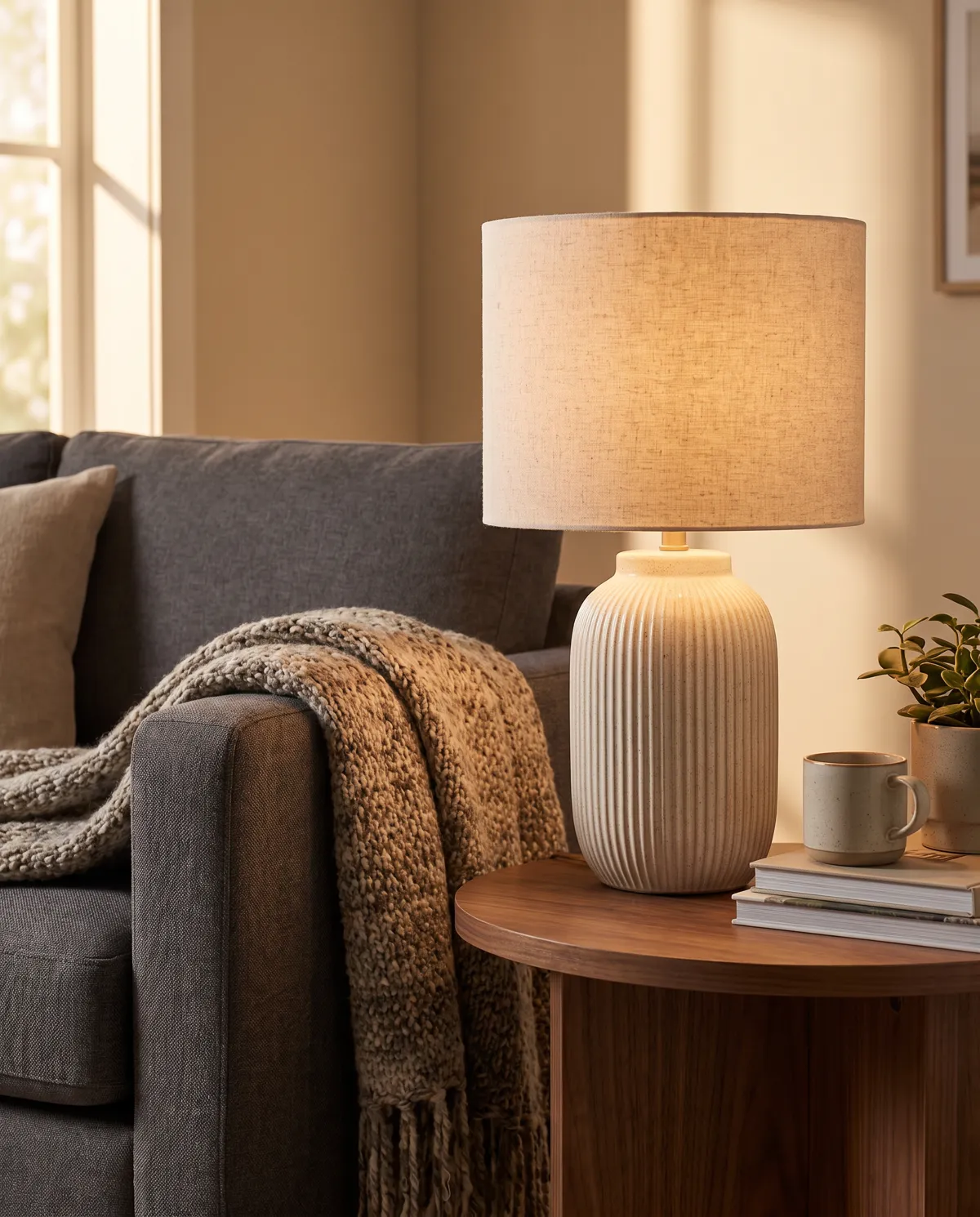 Ribbed ceramic lamp on a walnut side table, evening light, made with Nano Banana Pro