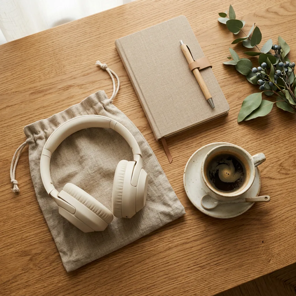Headphones lifestyle flat lay on an oak desk, made with Nano Banana 2