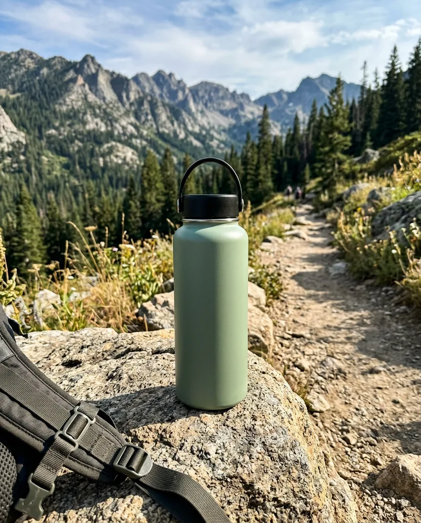 UGC-style shot of a sage water bottle on a hiking trail, made with Nano Banana 2