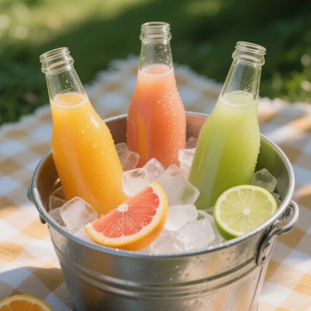 Unlabeled citrus juice bottles in an ice bucket, made with Qwen Image