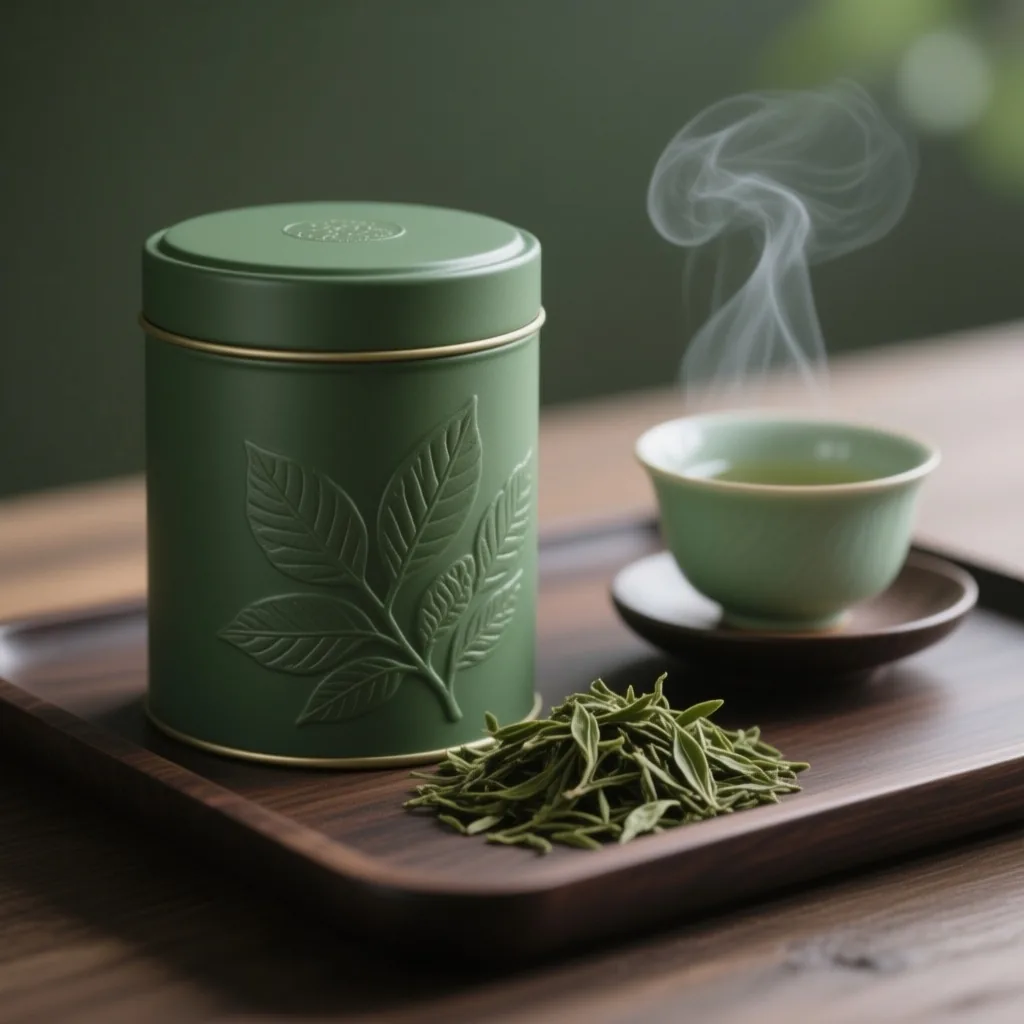 Matte green tea tin with loose-leaf tea and a teacup, made with Qwen Image