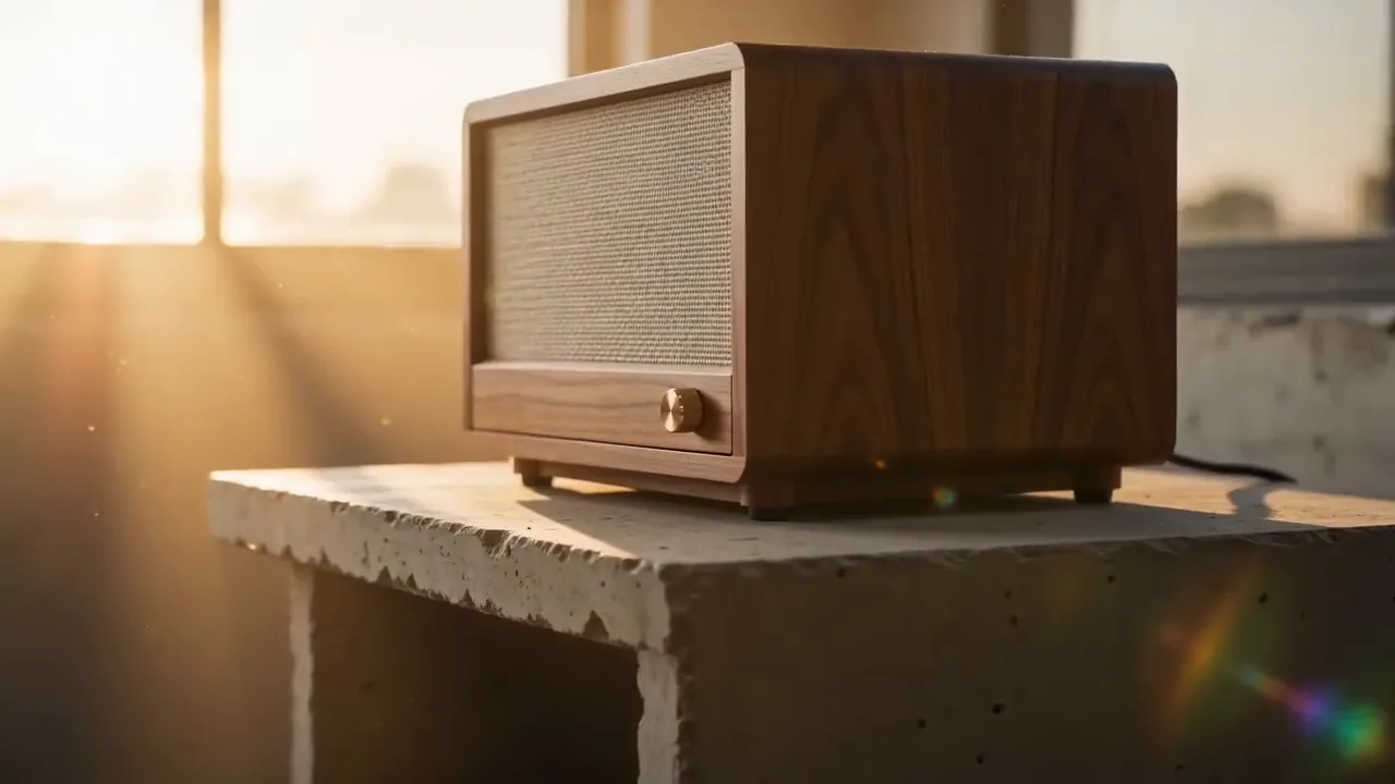 Wireless speaker on a concrete shelf, arc dolly at sunset