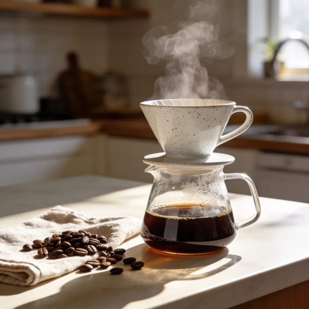 Ceramic pour-over coffee set on a sunlit counter, made with Seedream 4.5