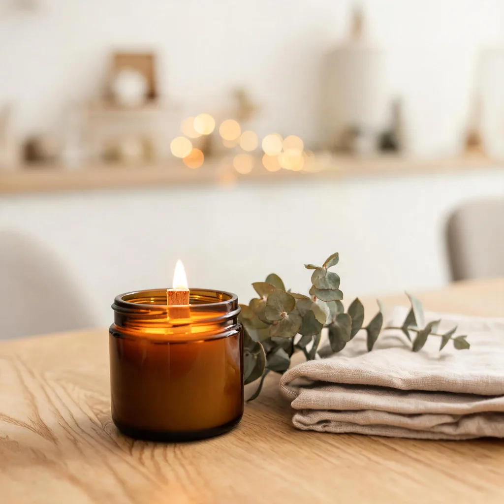 Soy candle in amber jar with dried eucalyptus, made with Seedream 5.0 Lite