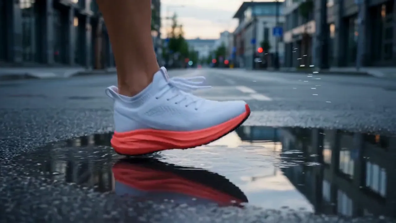 Sneaker splashing through a puddle at dawn