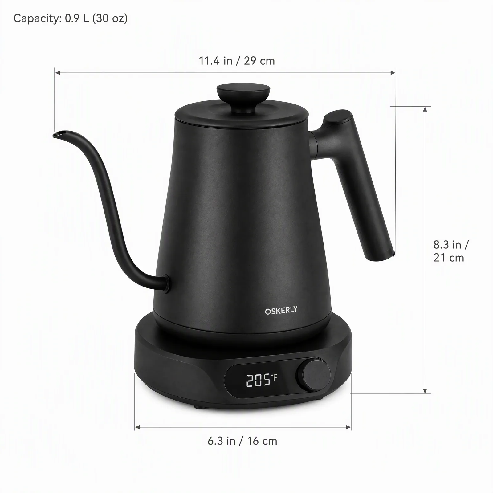 GPT Image 2 output: kettle with dimension lines for 11.4 in length, 8.3 in height and 6.3 in base diameter and a capacity label