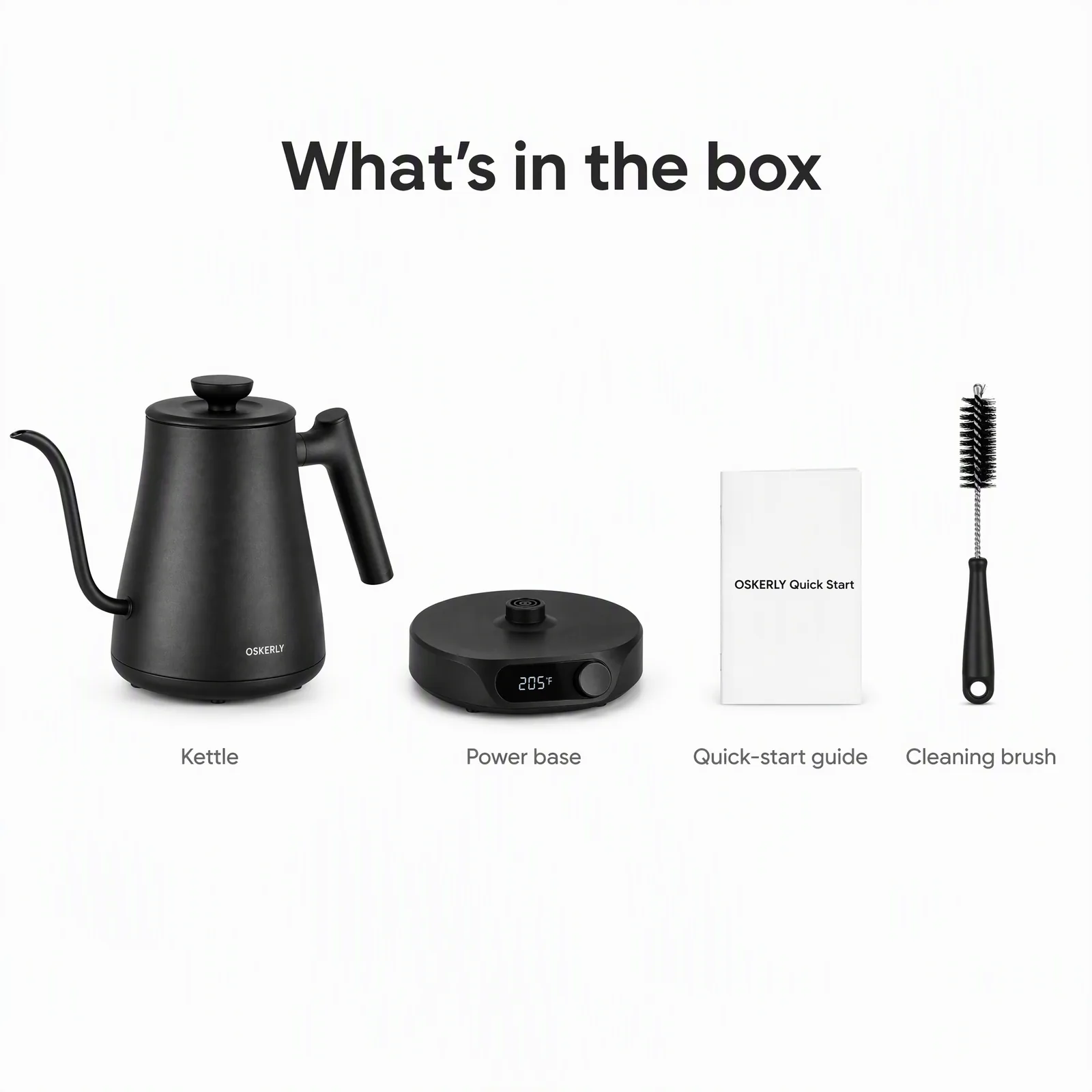 GPT Image 2 output: kettle, power base, quick-start booklet and cleaning brush in a row with captions under each