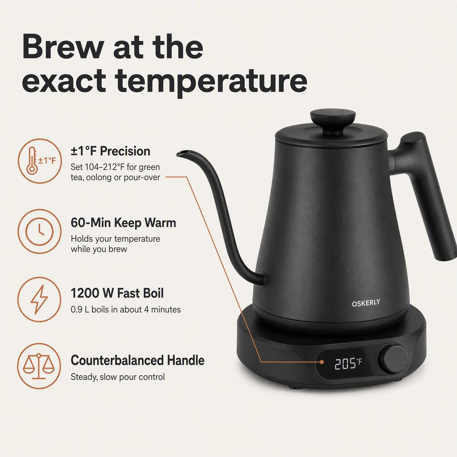 GPT Image 2 output: kettle infographic headlined Brew at the exact temperature with four copper icons and feature lines