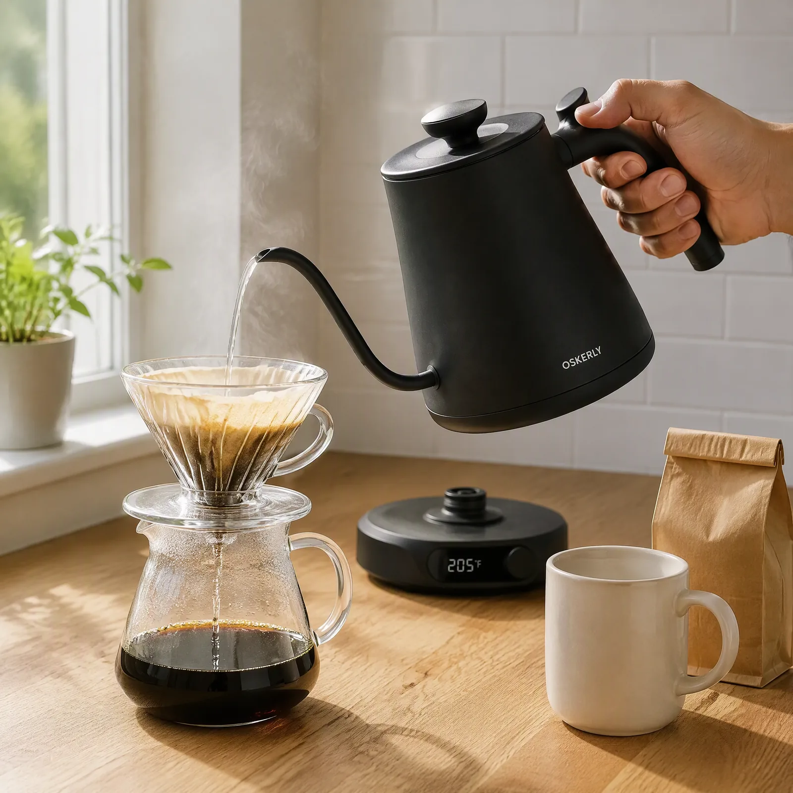 GPT Image 2 output: an adult hand pouring a thin stream from the black gooseneck kettle into a glass pour-over dripper on an oak counter