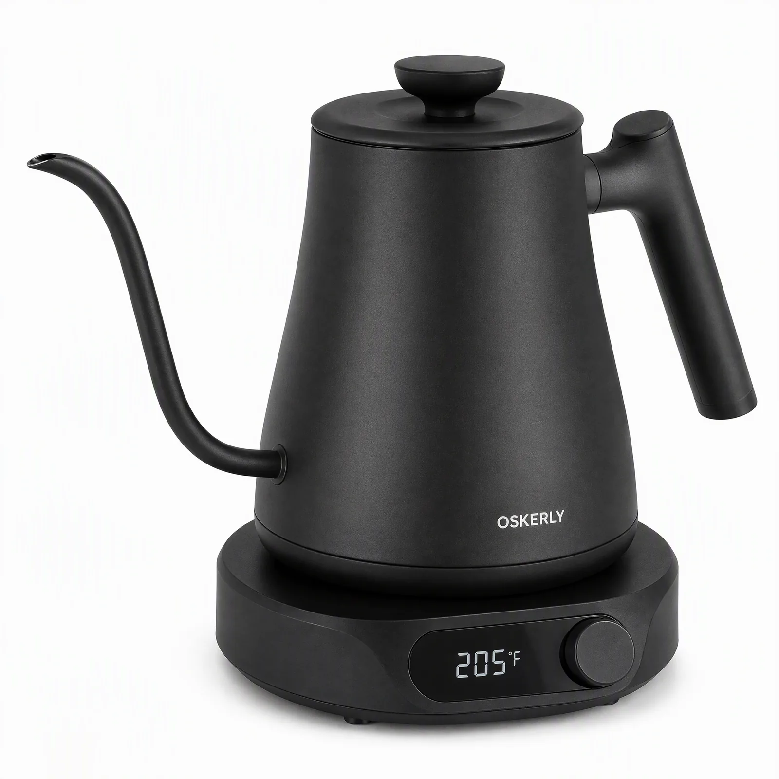 GPT Image 2 output: matte black gooseneck electric kettle on its base with an LCD reading 205°F, white background