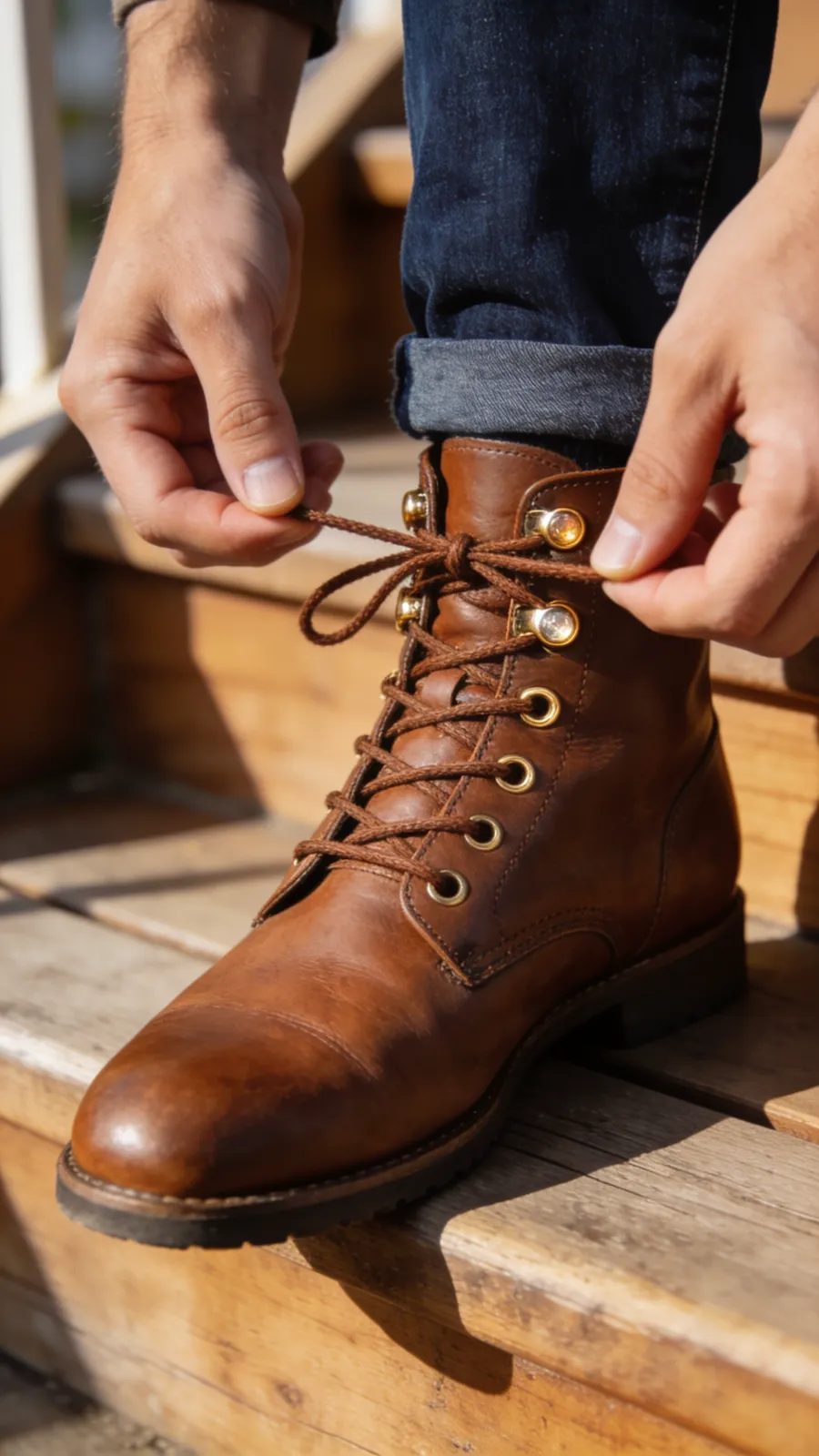 Start frame: two adult hands holding the laces of a brown leather lace-up ankle boot on a wooden step