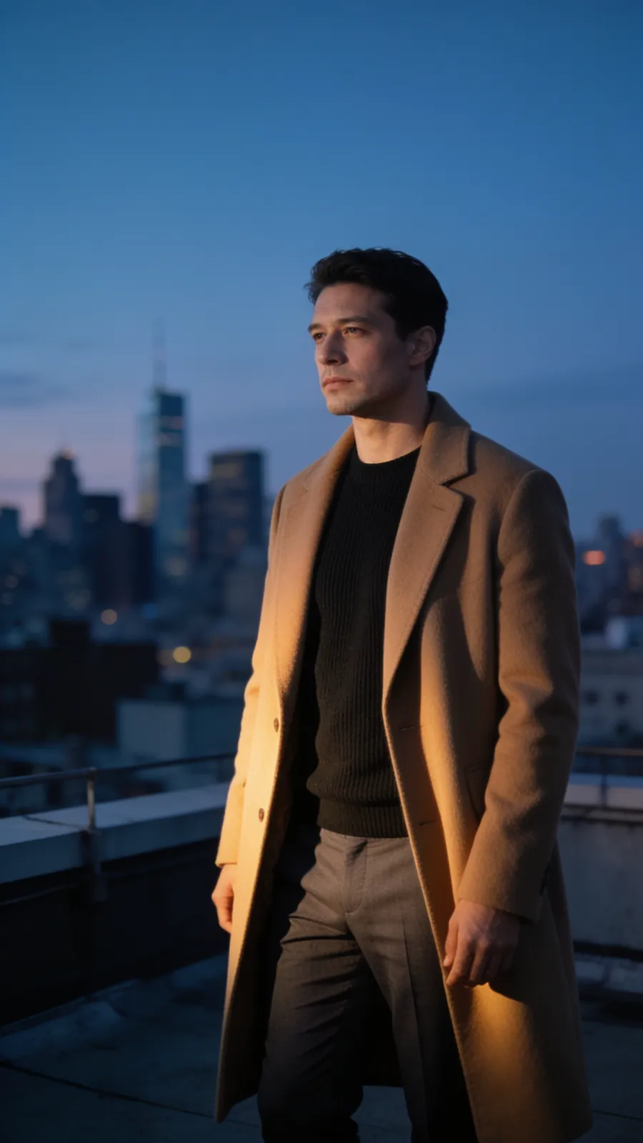 Start frame: adult man in an open camel wool overcoat on a city rooftop at blue hour, face in three-quarter profile