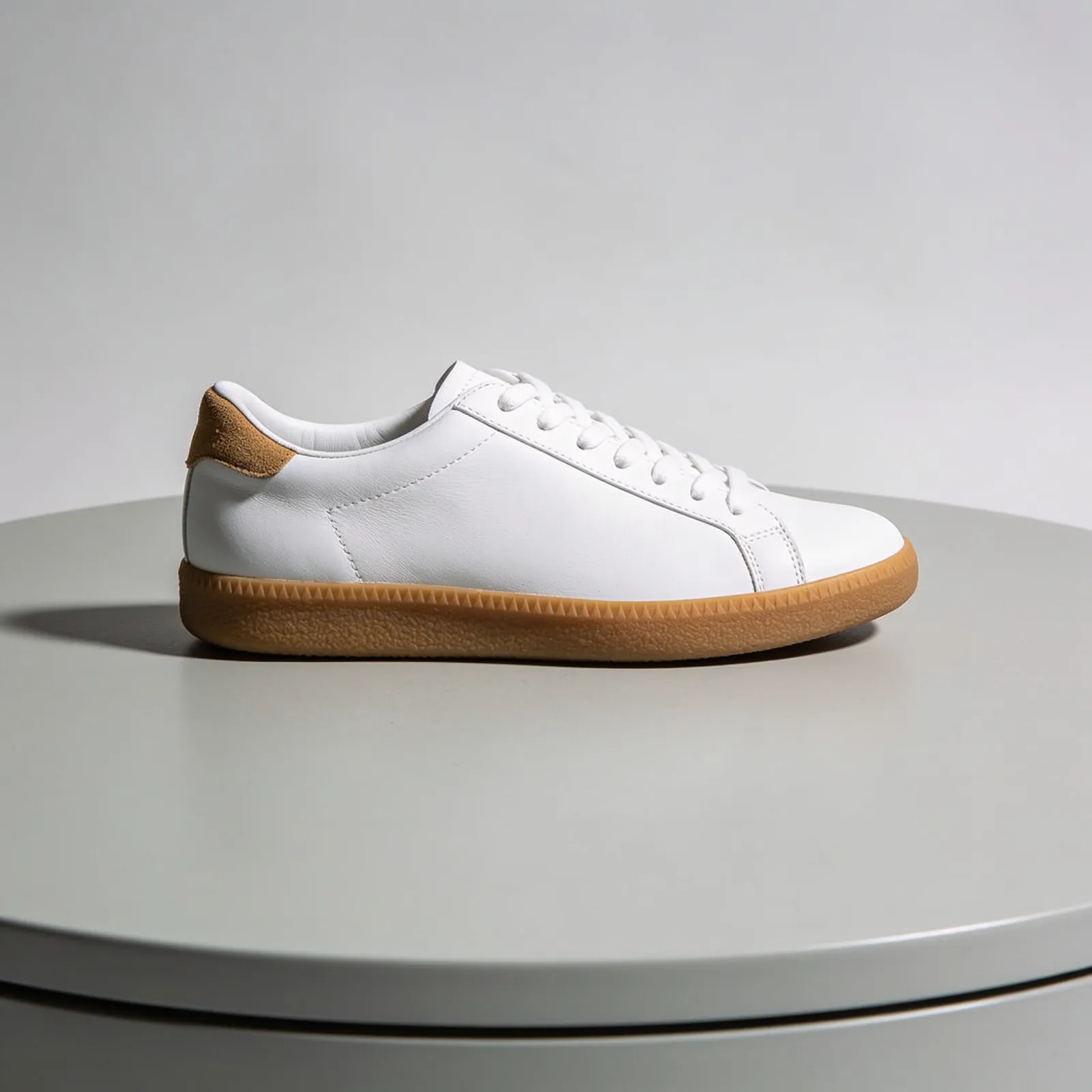 Start frame: plain white leather low-top sneaker with a gum sole and tan suede heel tab on a grey turntable
