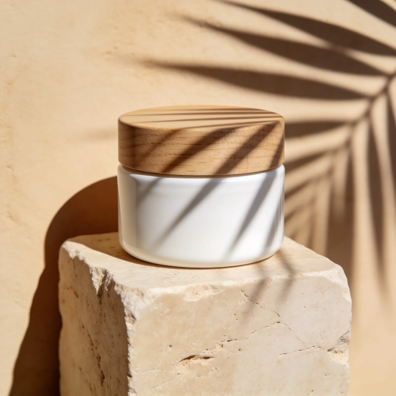 Start frame: white ceramic cream jar with a light wood lid on a travertine block, palm-leaf shadows across it
