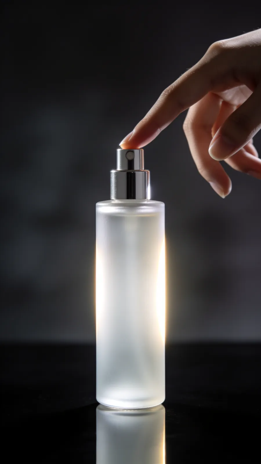 Start frame: frosted glass perfume bottle with a silver spray nozzle, a finger resting on the nozzle, dark background with backlight
