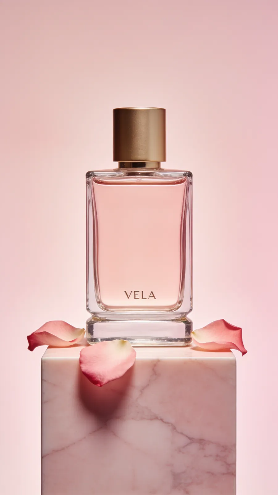 Start frame: rectangular glass perfume bottle with pale pink liquid, gold cap and the word VELA on a pink marble plinth