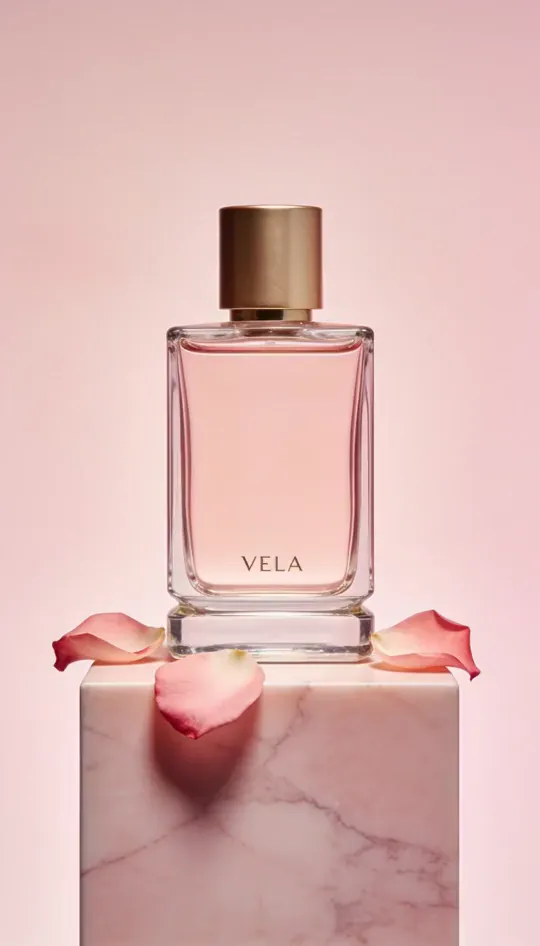 MiniMax H3 clip: rose petals fall in slow motion around the VELA perfume bottle and settle on the marble plinth