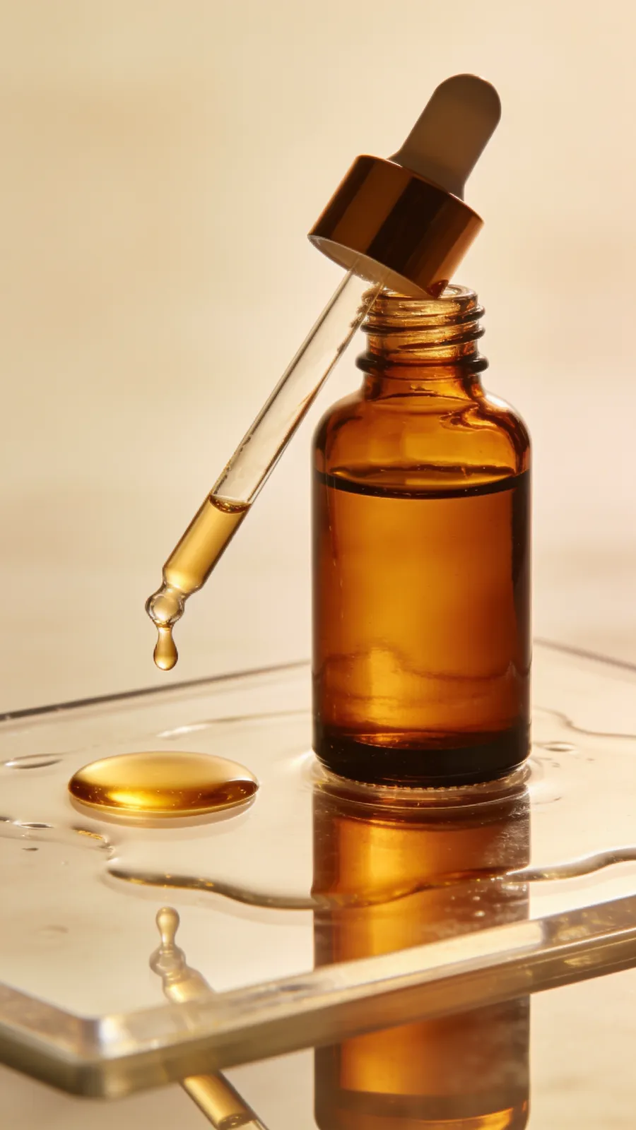 Start frame: amber dropper bottle of facial serum on wet acrylic, the glass pipette above a small golden pool with a drop forming