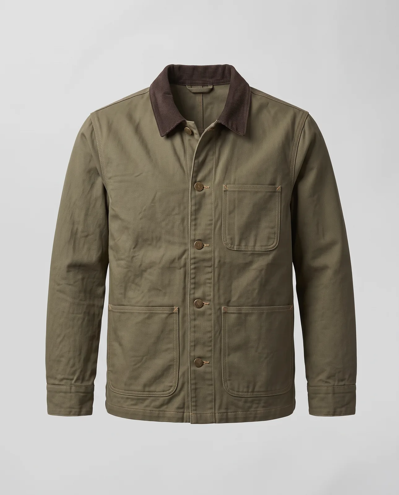 Nano Banana 2 output: the olive chore jacket shown as if worn by an invisible body, front view, inside of the collar visible