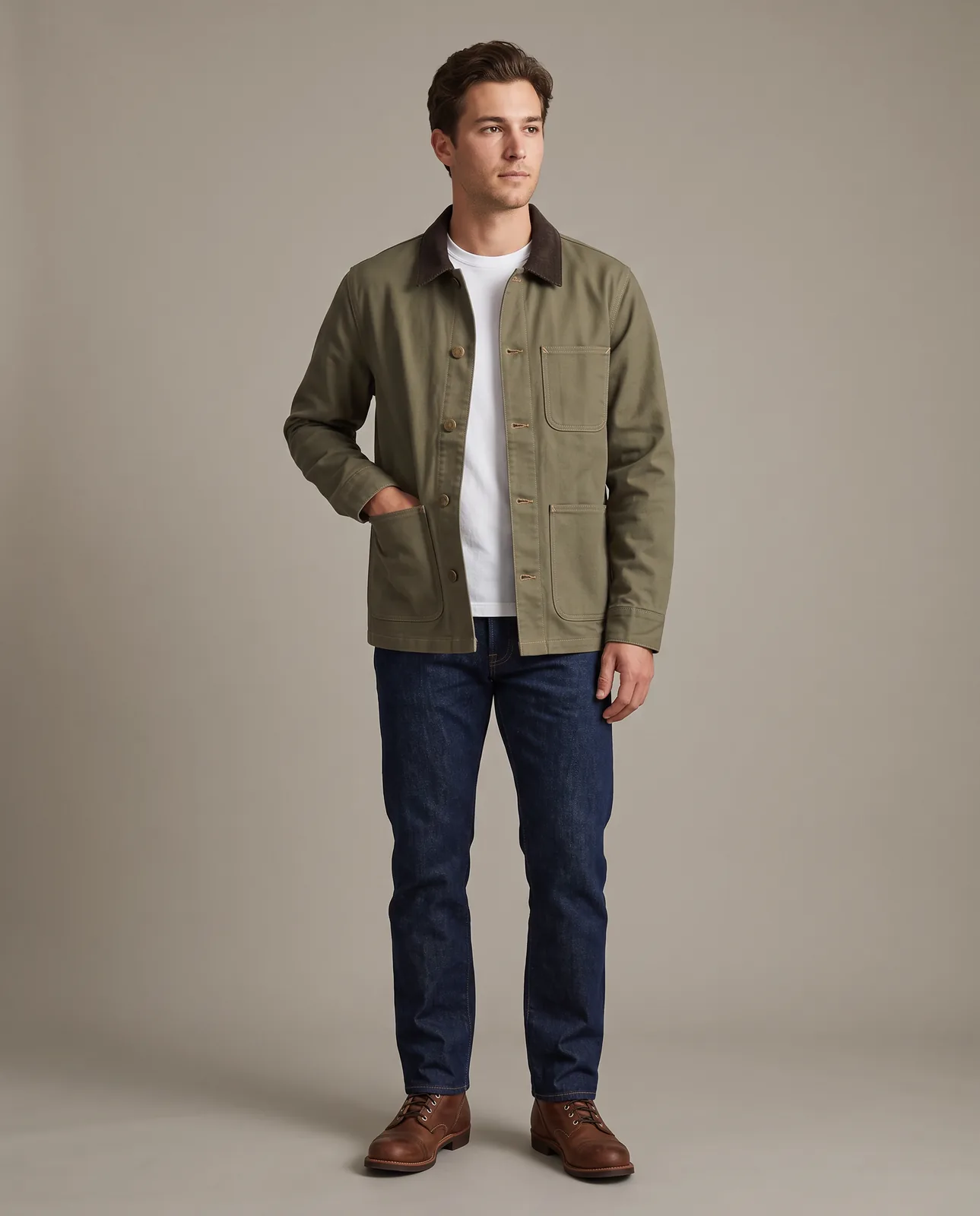 Nano Banana 2 output: adult man wearing the olive chore jacket open over a white T-shirt with dark jeans and brown boots on a grey backdrop