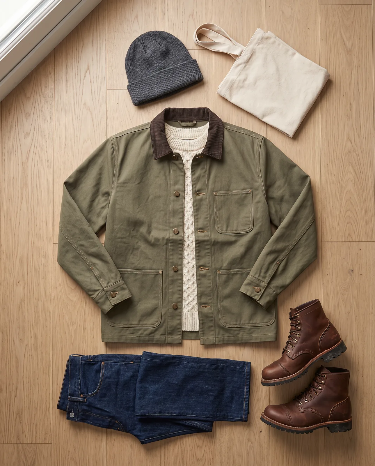 Nano Banana 2 output: the olive chore jacket laid open with a cream sweater, dark jeans, brown boots, grey beanie and canvas tote on an oak floor