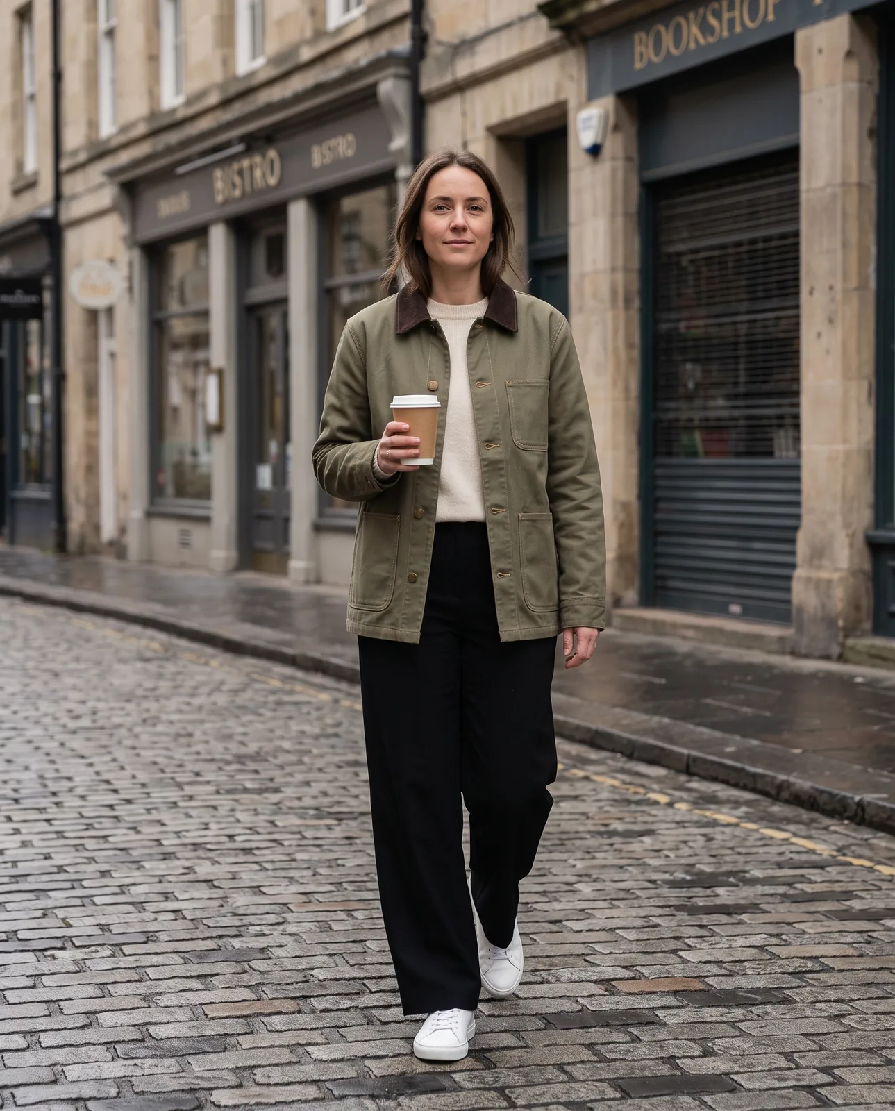Nano Banana 2 output: adult woman in the olive chore jacket over a cream sweater, walking on a cobblestone street holding a plain coffee cup