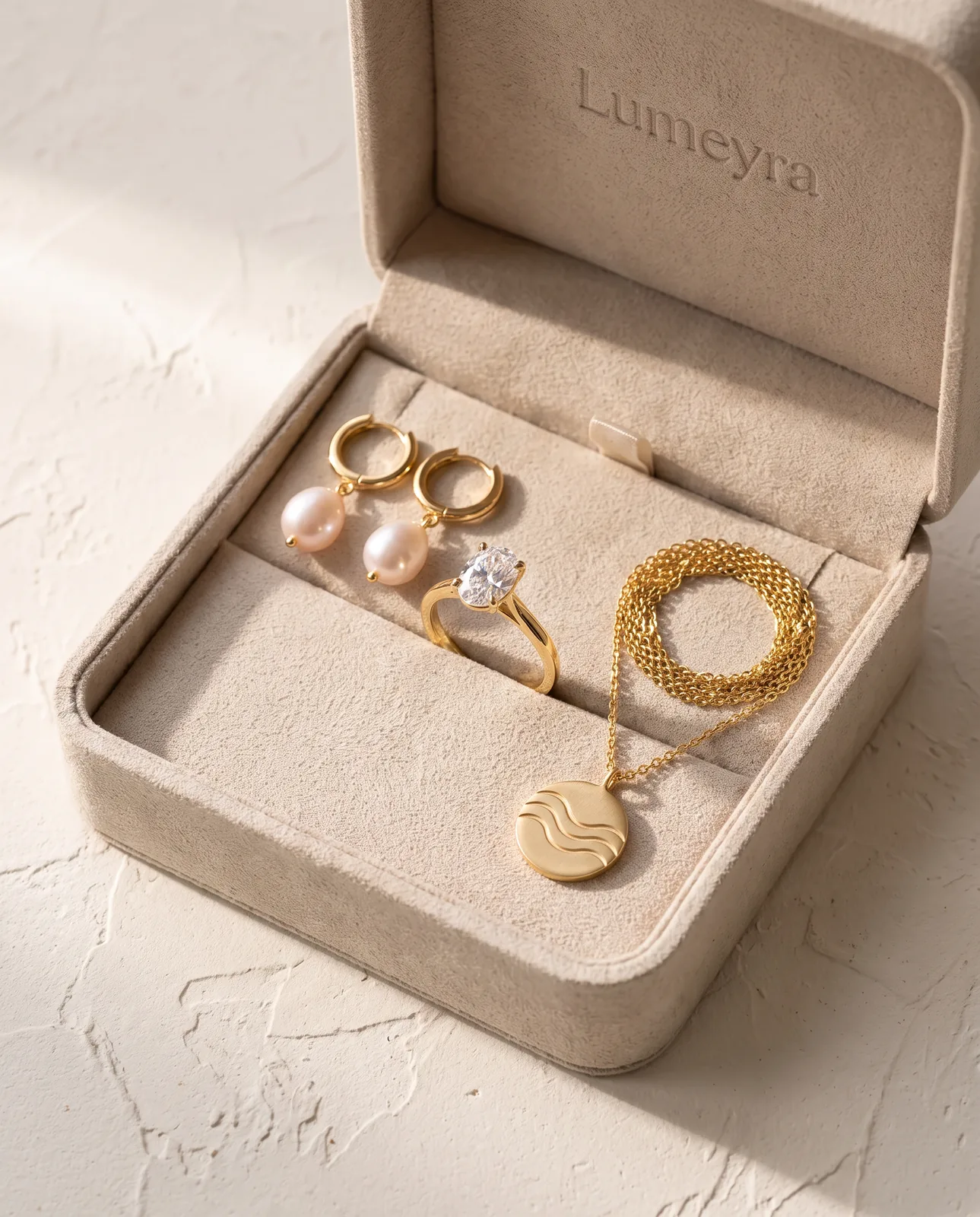 Nano Banana Pro output: the ring, pearl earrings and wave pendant arranged in an oatmeal suede jewelry box
