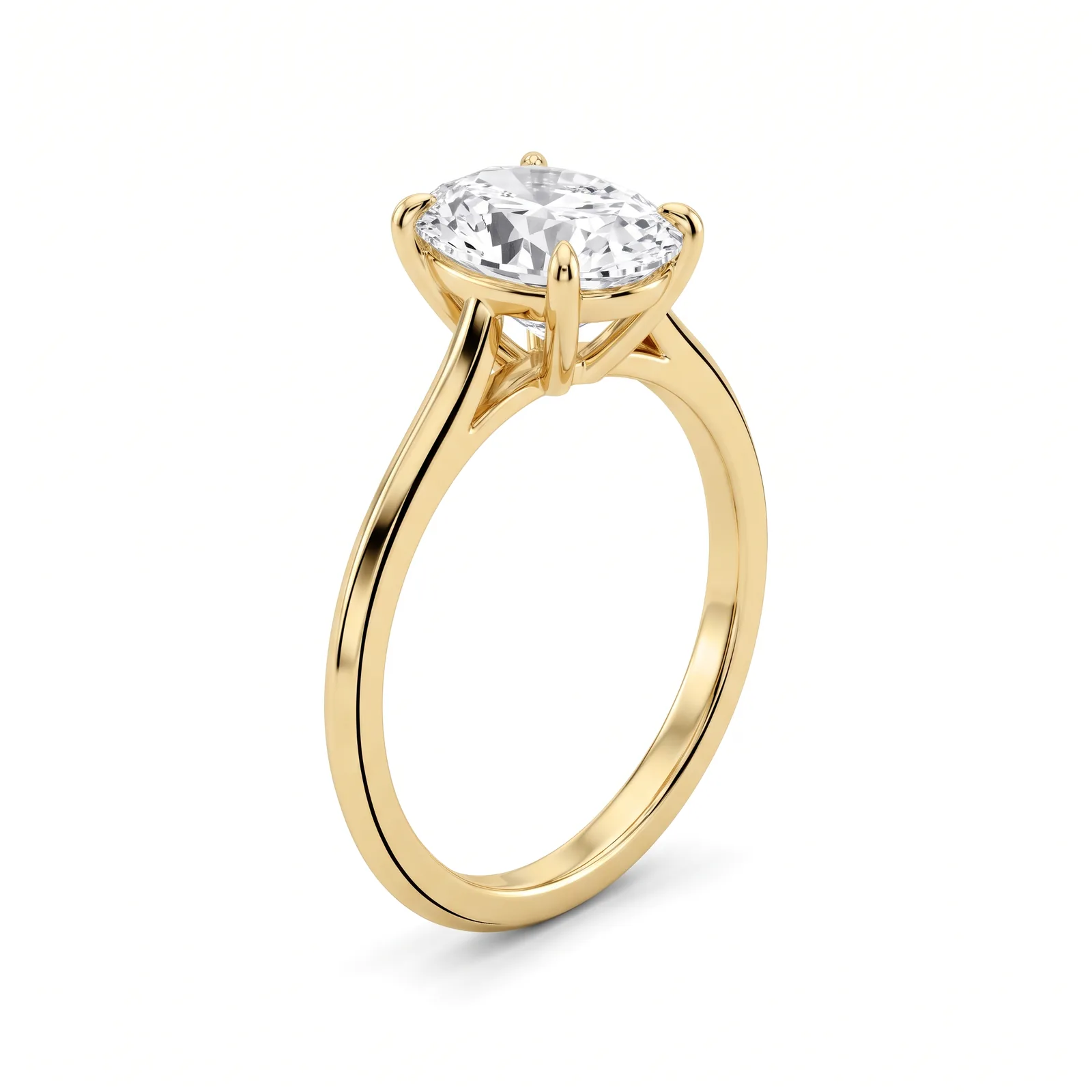 Nano Banana Pro output: yellow gold oval solitaire ring standing on its band on a white background, three-quarter view