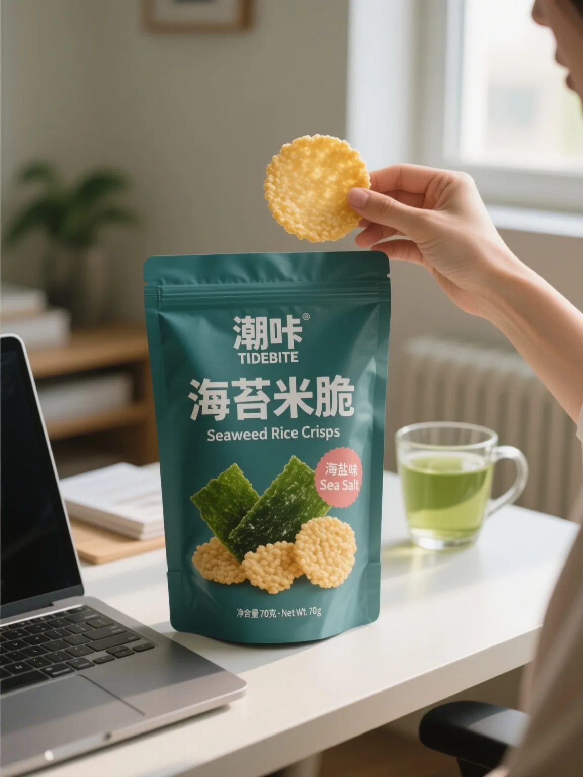 Qwen Image output: the teal pouch on a desk next to a laptop and green tea while an adult hand holds a round rice crisp above it