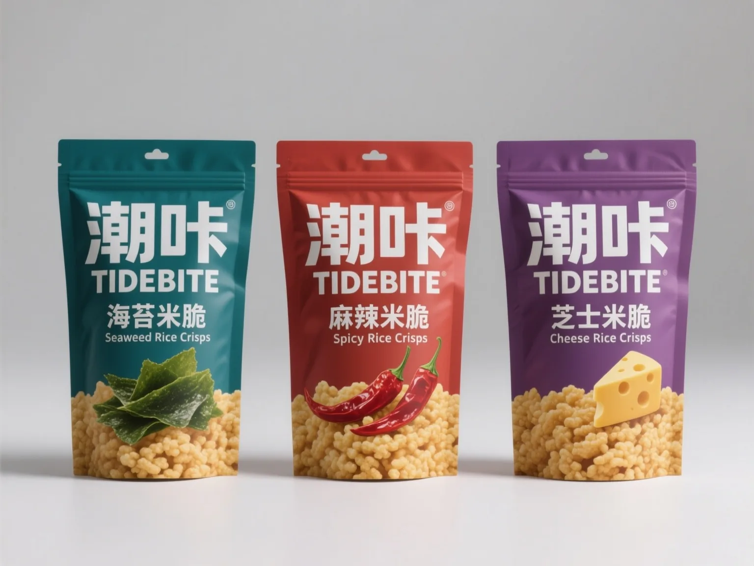 Qwen Image output: teal, red and purple TIDEBITE pouches labelled seaweed, spicy and cheese rice crisps, with seaweed, chillies and cheese illustrations