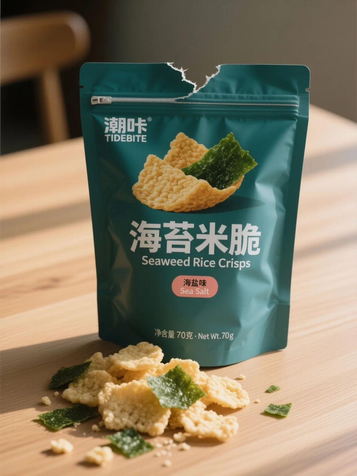 Qwen Image output: the teal pouch torn open at the top on an oak table with rice crisps and seaweed flakes spilled in front