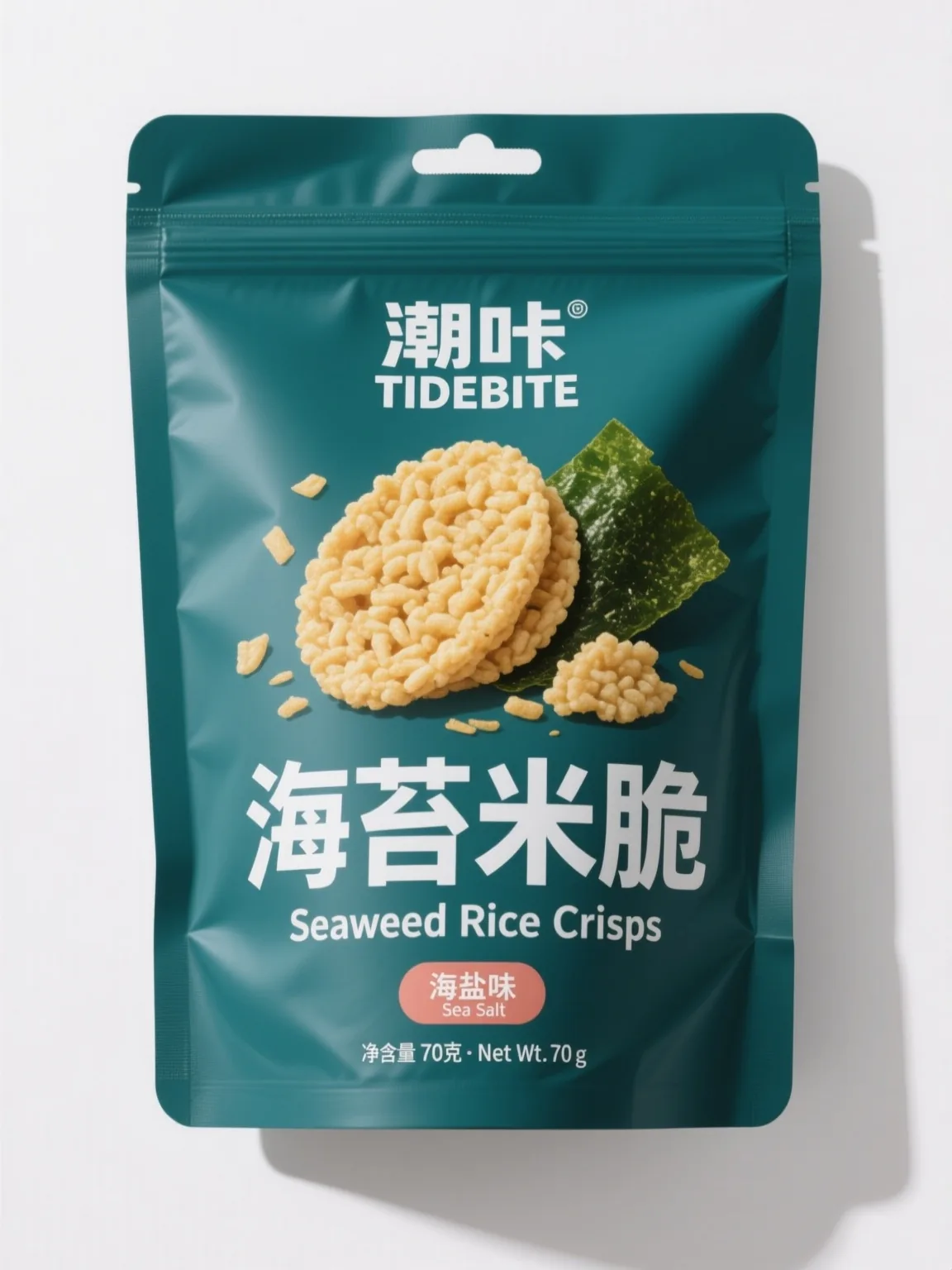 Qwen Image output: teal stand-up pouch printed 潮咔 TIDEBITE, 海苔米脆 Seaweed Rice Crisps, 海盐味 Sea Salt badge and net weight 70 g