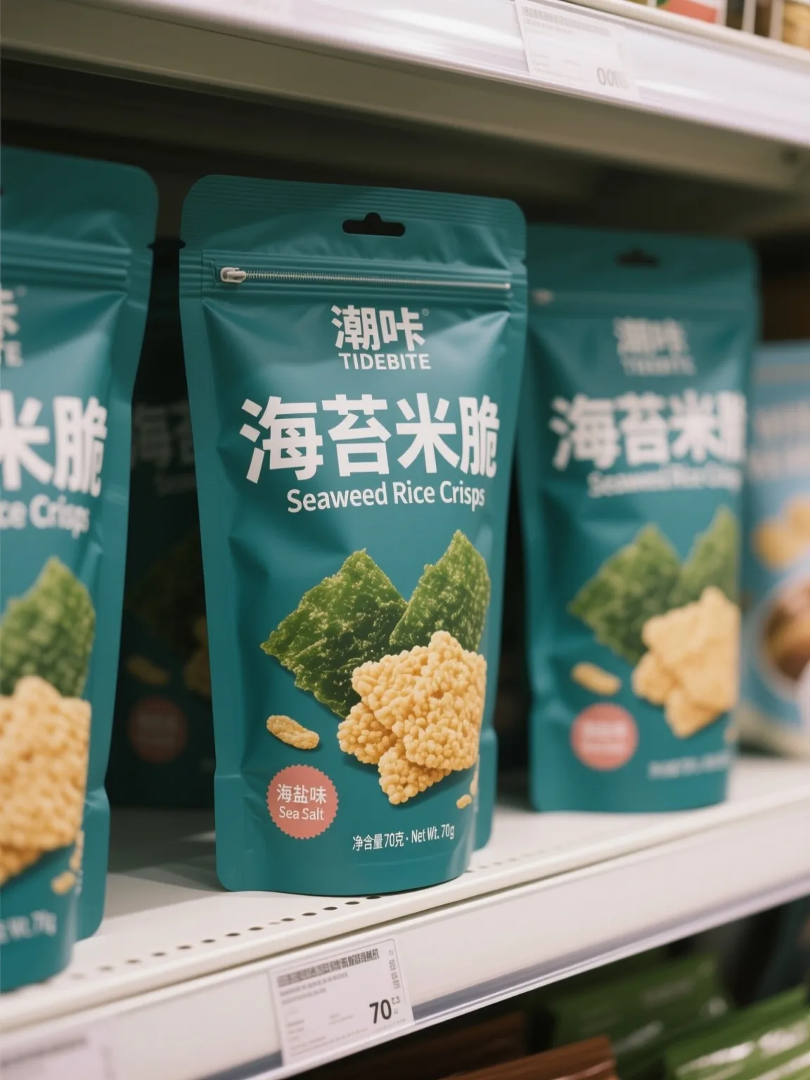 Qwen Image output: the TIDEBITE seaweed rice crisp pouch in sharp focus on a store shelf with more pouches blurred behind