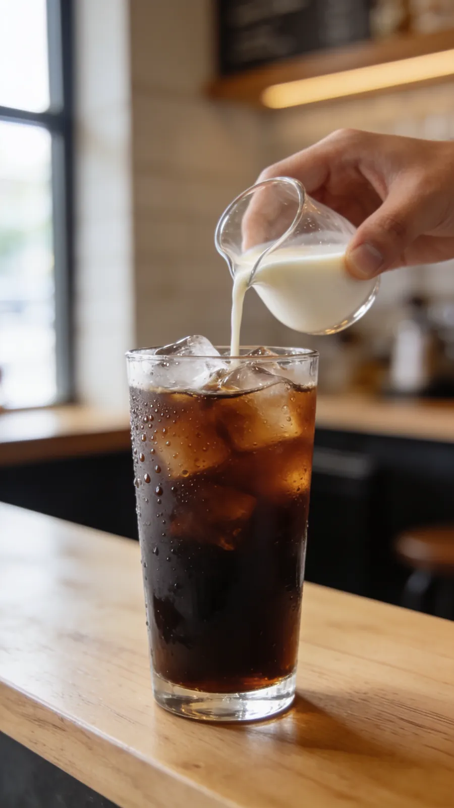 Start frame: a hand pouring milk from a small glass jug into a tall glass of iced cold brew on an oak café counter