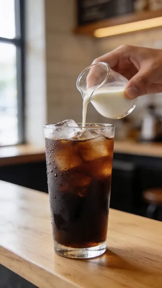 Seedance 2.5 clip: milk clouds bloom up through the ice until the cold brew turns caramel brown