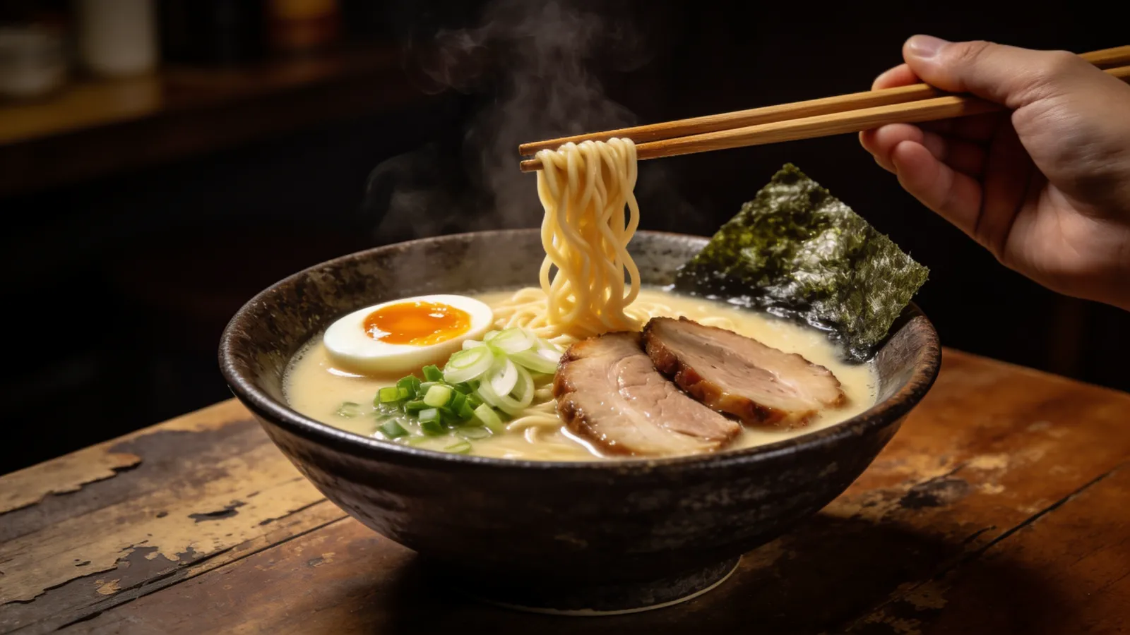 Start frame: a bowl of tonkotsu ramen with egg, chashu and nori, chopsticks lifting noodles above the broth