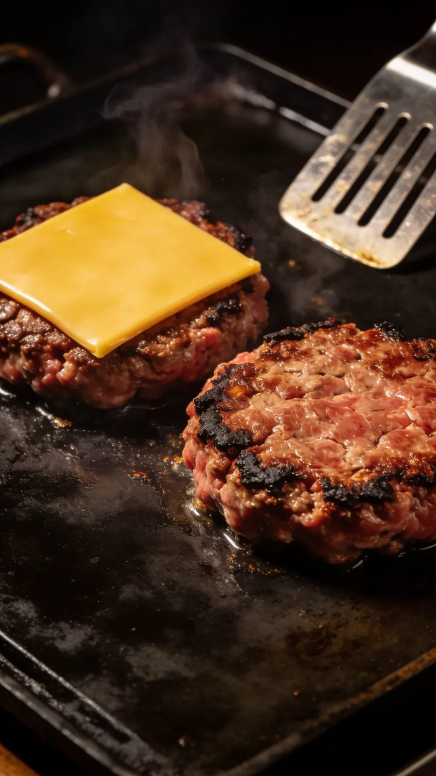 Start frame: two smashed beef patties searing on a black flat-top, a cheddar slice on one, a spatula at the edge