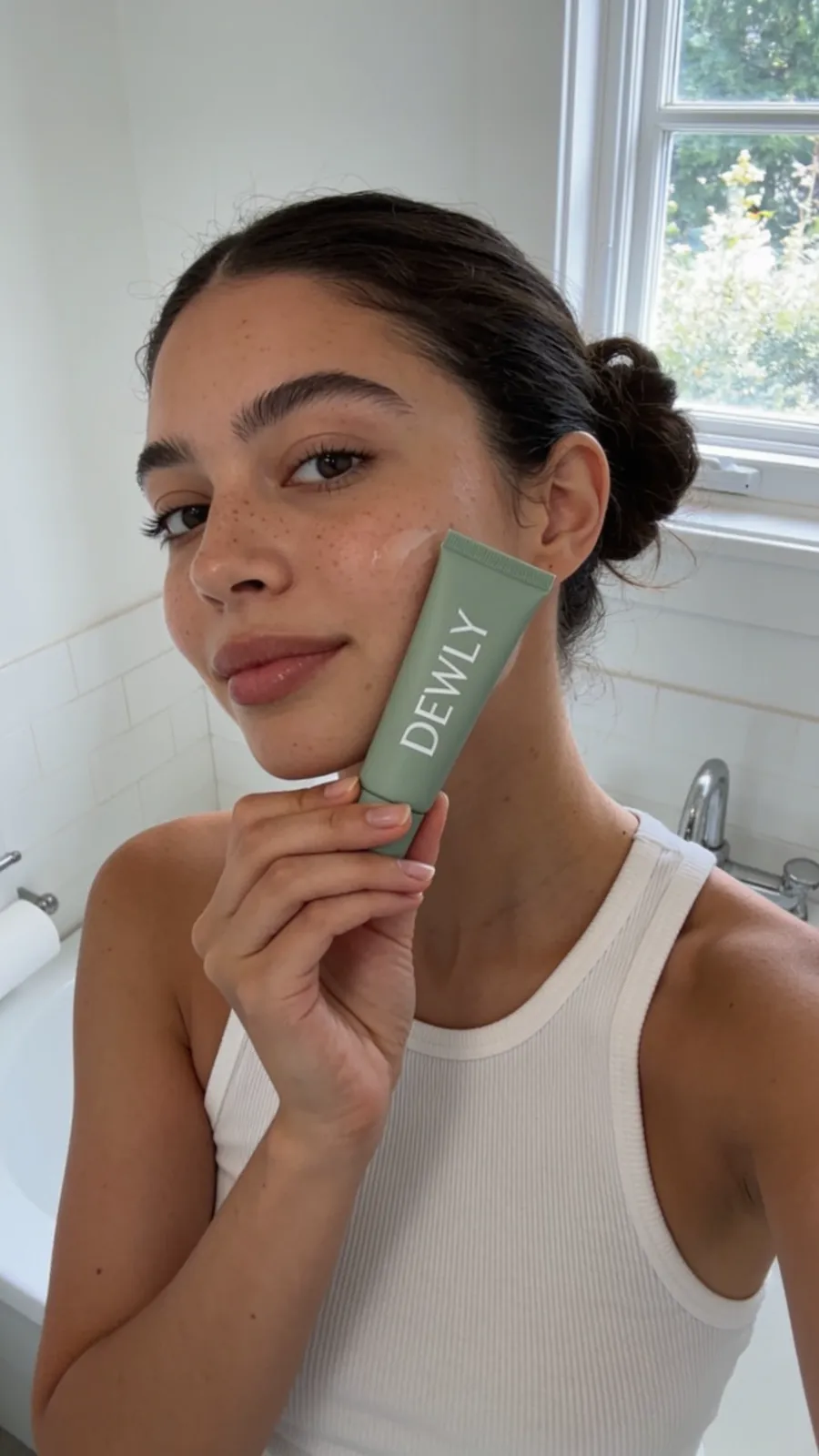 Start frame: a woman in her late twenties in a bright bathroom holding a sage green DEWLY moisturizer tube next to her cheek