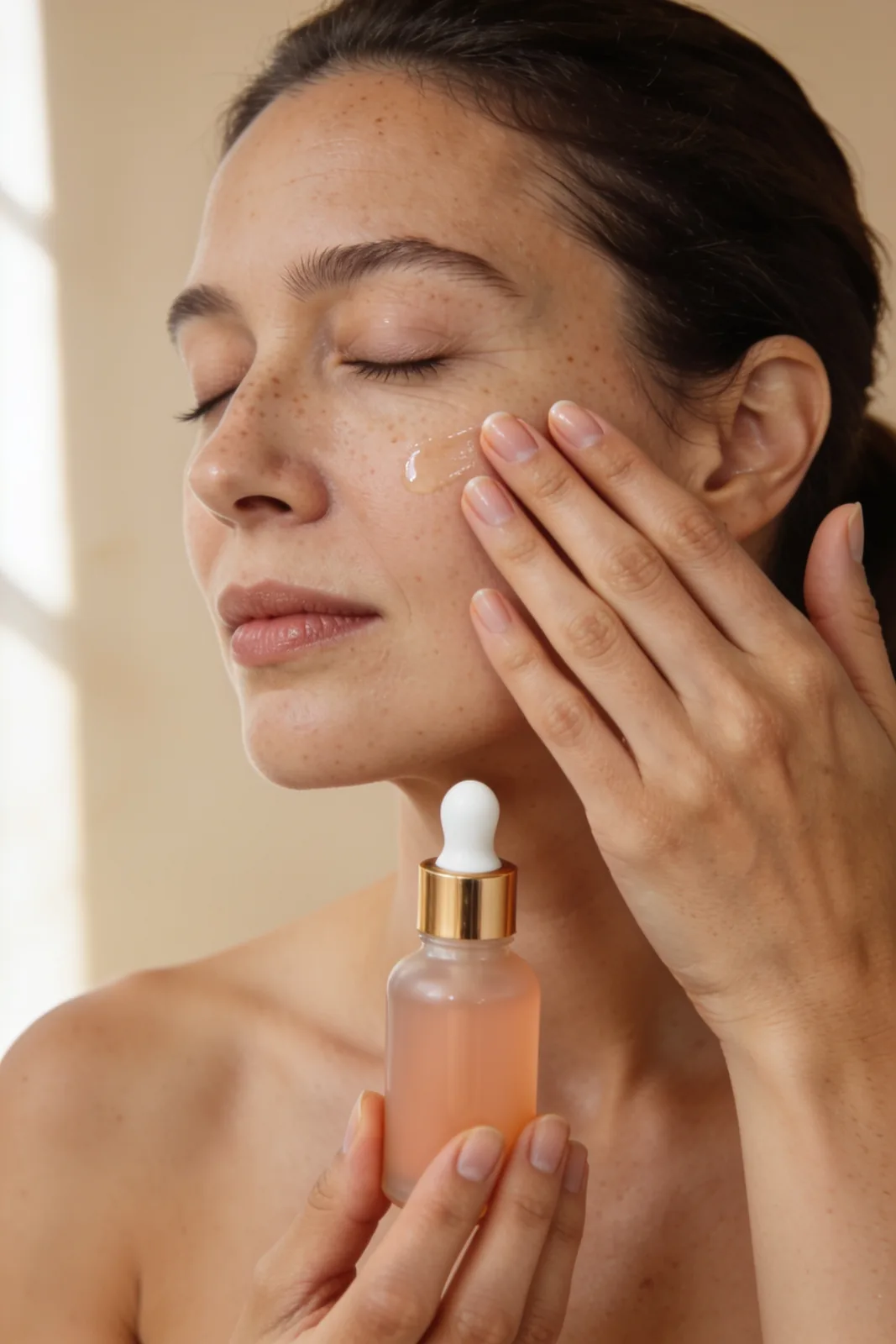 Seedream 4.5 output: adult woman with freckles pressing serum into her cheekbone with two fingertips, holding a frosted apricot dropper bottle
