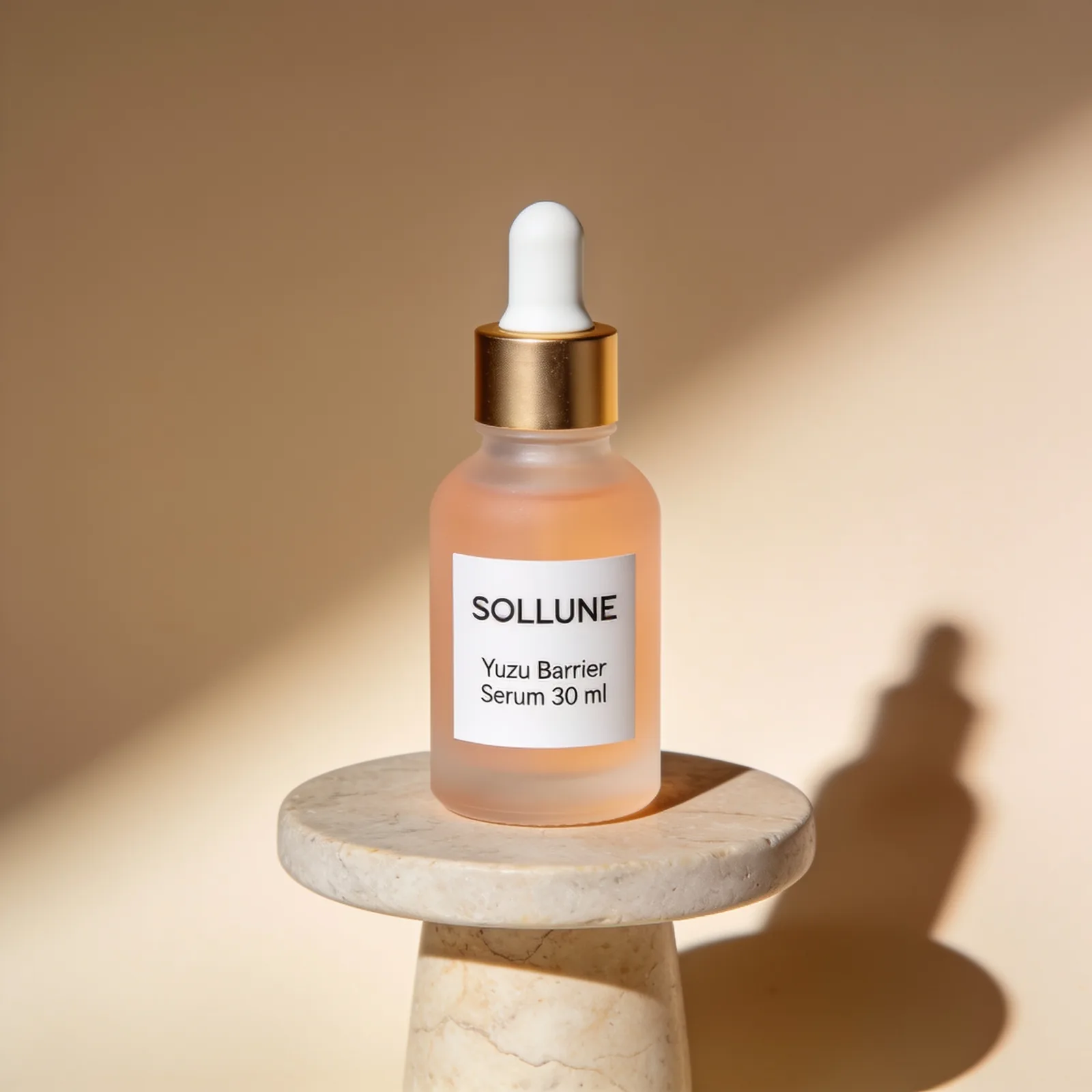 Seedream 4.5 output: frosted apricot dropper bottle labelled SOLLUNE Yuzu Barrier Serum 30 ml on a travertine plinth, beige backdrop