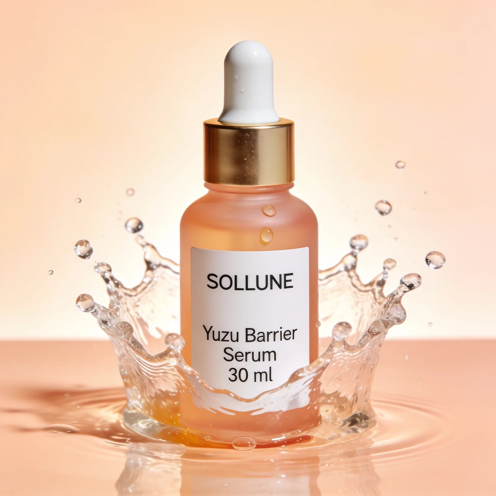 Seedream 4.5 output: the Sollune serum bottle standing in a crown splash of clear water on a peach background
