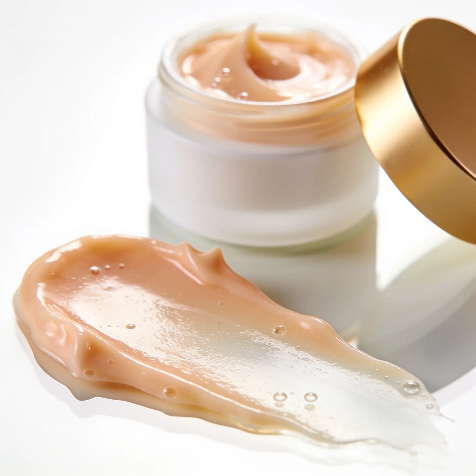 Seedream 4.5 output: glossy apricot cream swiped across glass with small air bubbles, open white jar with a gold lid behind