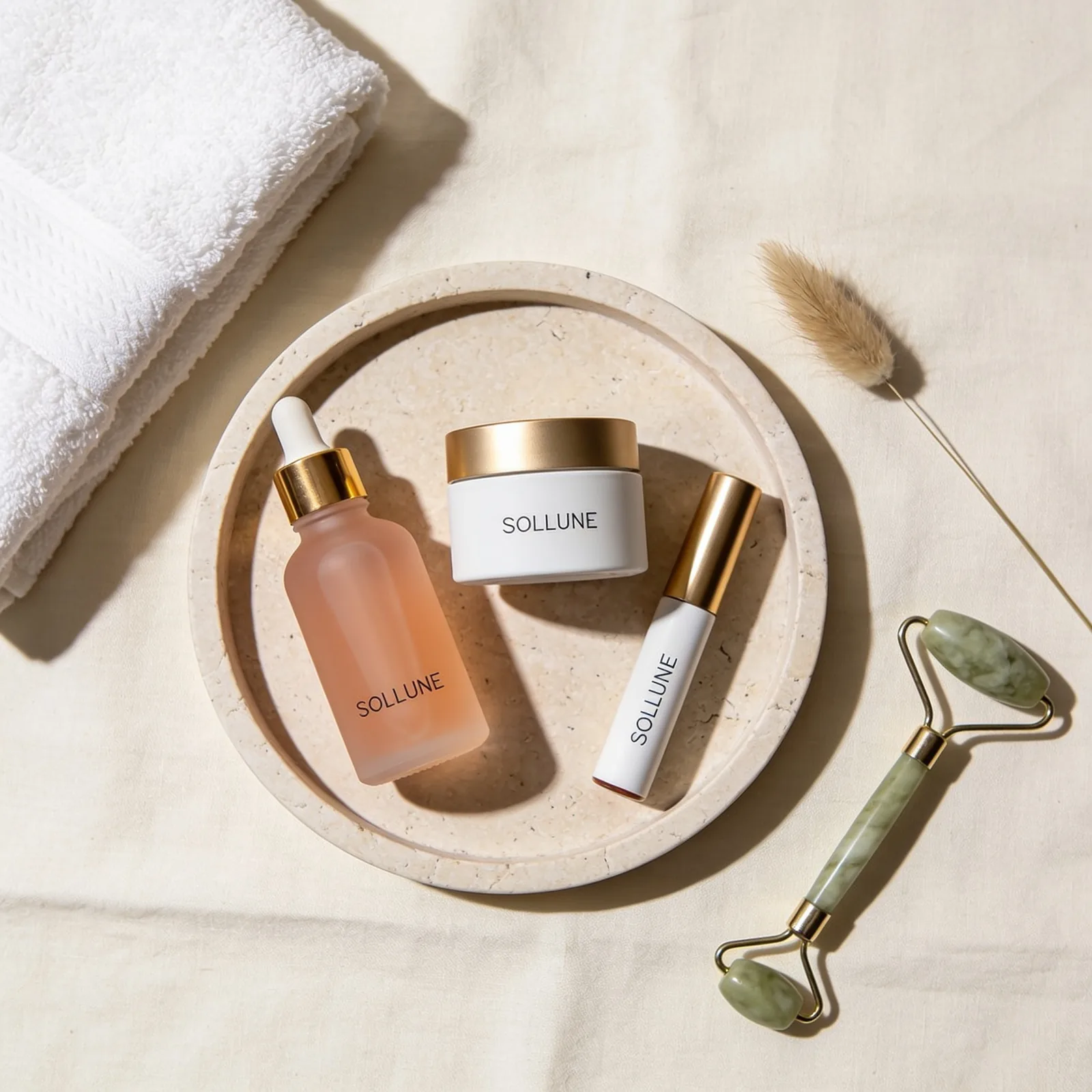 Seedream 4.5 output: overhead flat lay of a Sollune dropper bottle, cream jar and lip tint on a round travertine tray with a towel, jade roller and dried grass
