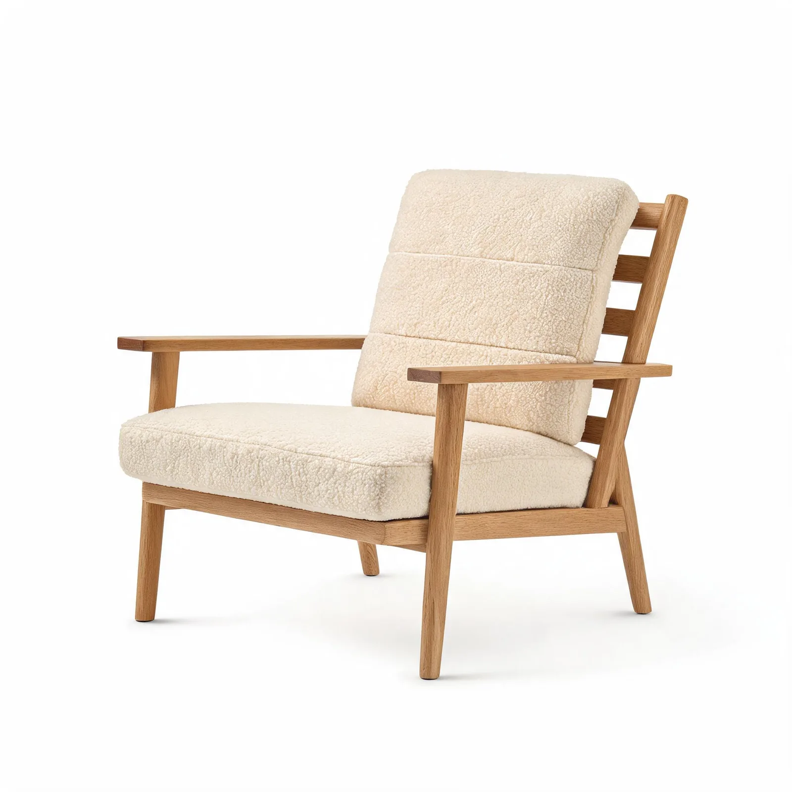 Seedream 5.0 Lite output: low white-oak lounge chair with three back slats and two cream fleece-textured cushions on white