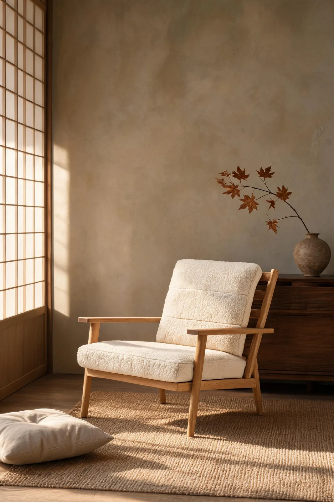 Seedream 5.0 Lite output: the same oak lounge chair by a paper-panel screen and a dark oak sideboard with a vase of dried maple leaves, warm low sun