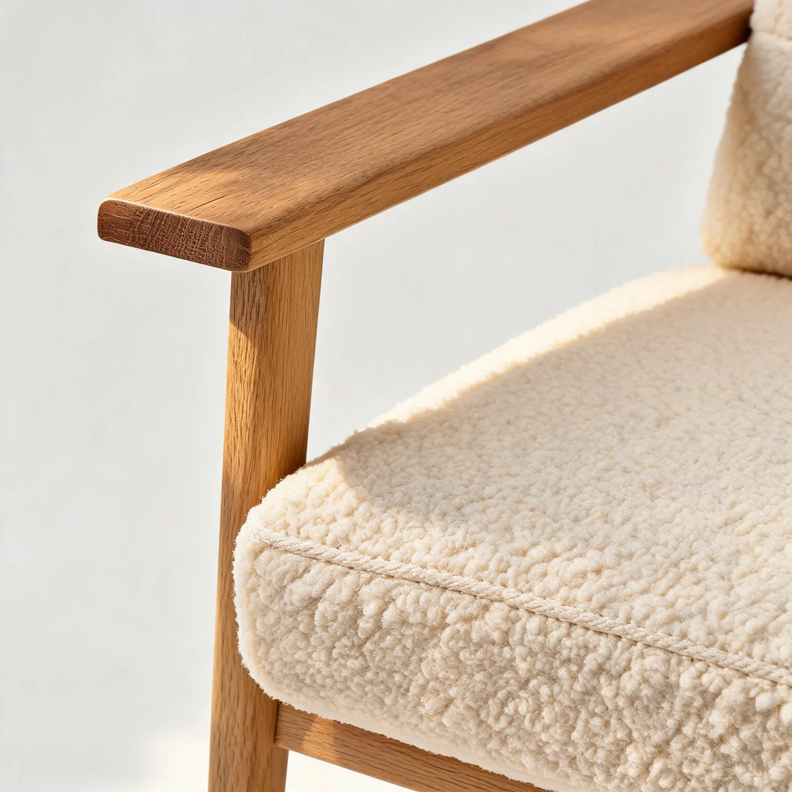 Seedream 5.0 Lite output: close-up of the oak armrest end grain and front leg next to the cream cushion edge with a piped welt seam