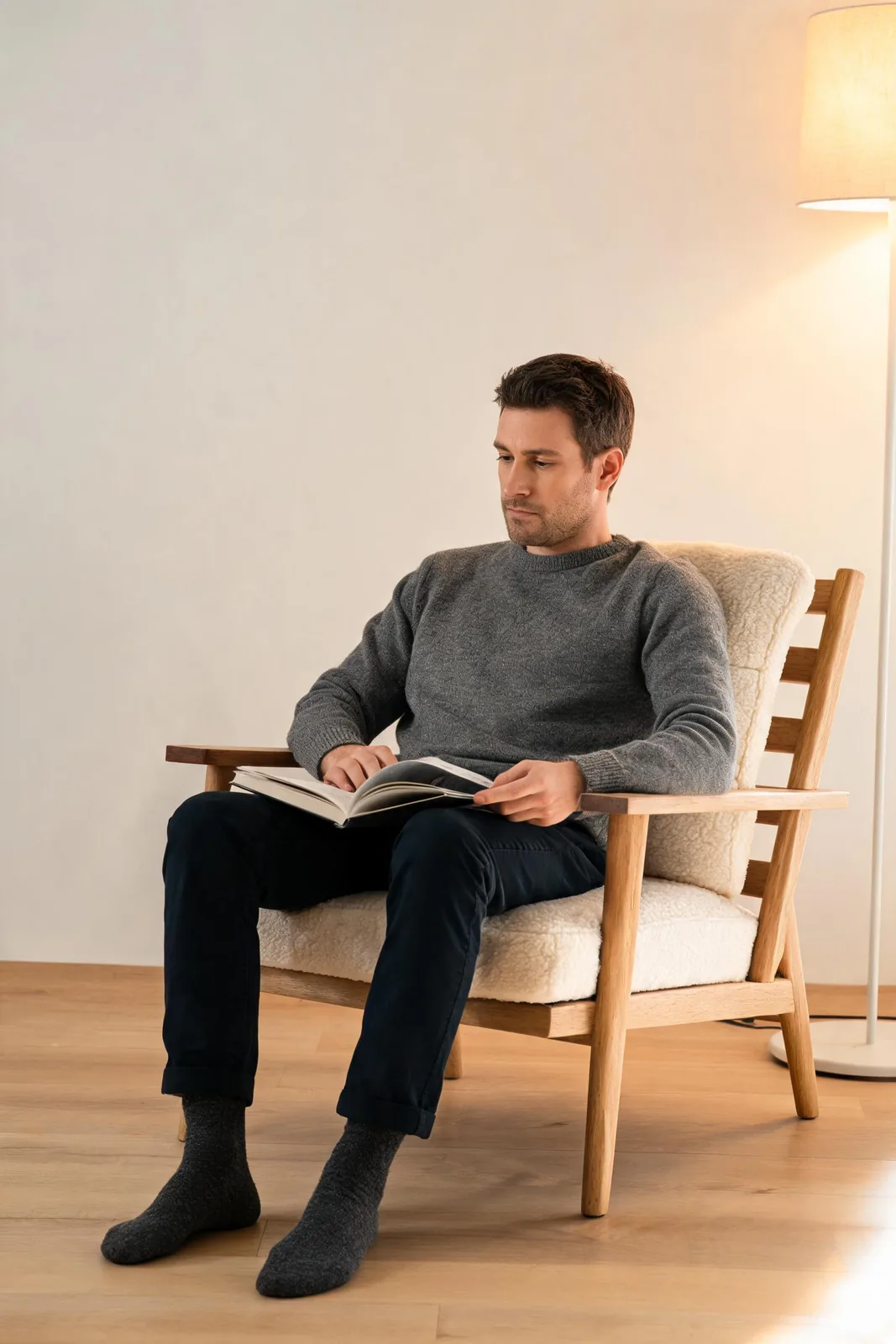 Seedream 5.0 Lite output: adult man in a grey sweater sitting upright in the oak lounge chair reading a book, feet flat on the floor